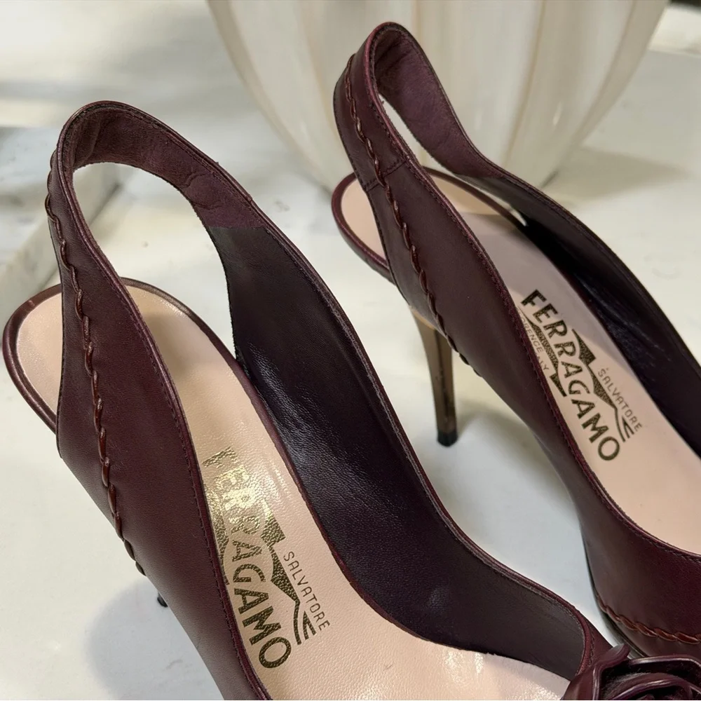 Salvatore Ferragamo Dark Red Peep-Toe Heels - Picture 5 of 10
